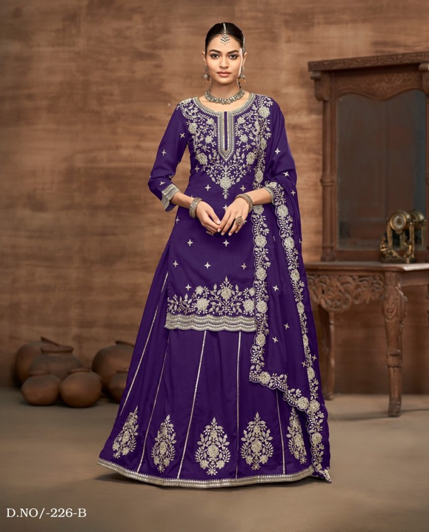 226-purple - Purple Embroidered Traditional Sharara Style Suit.